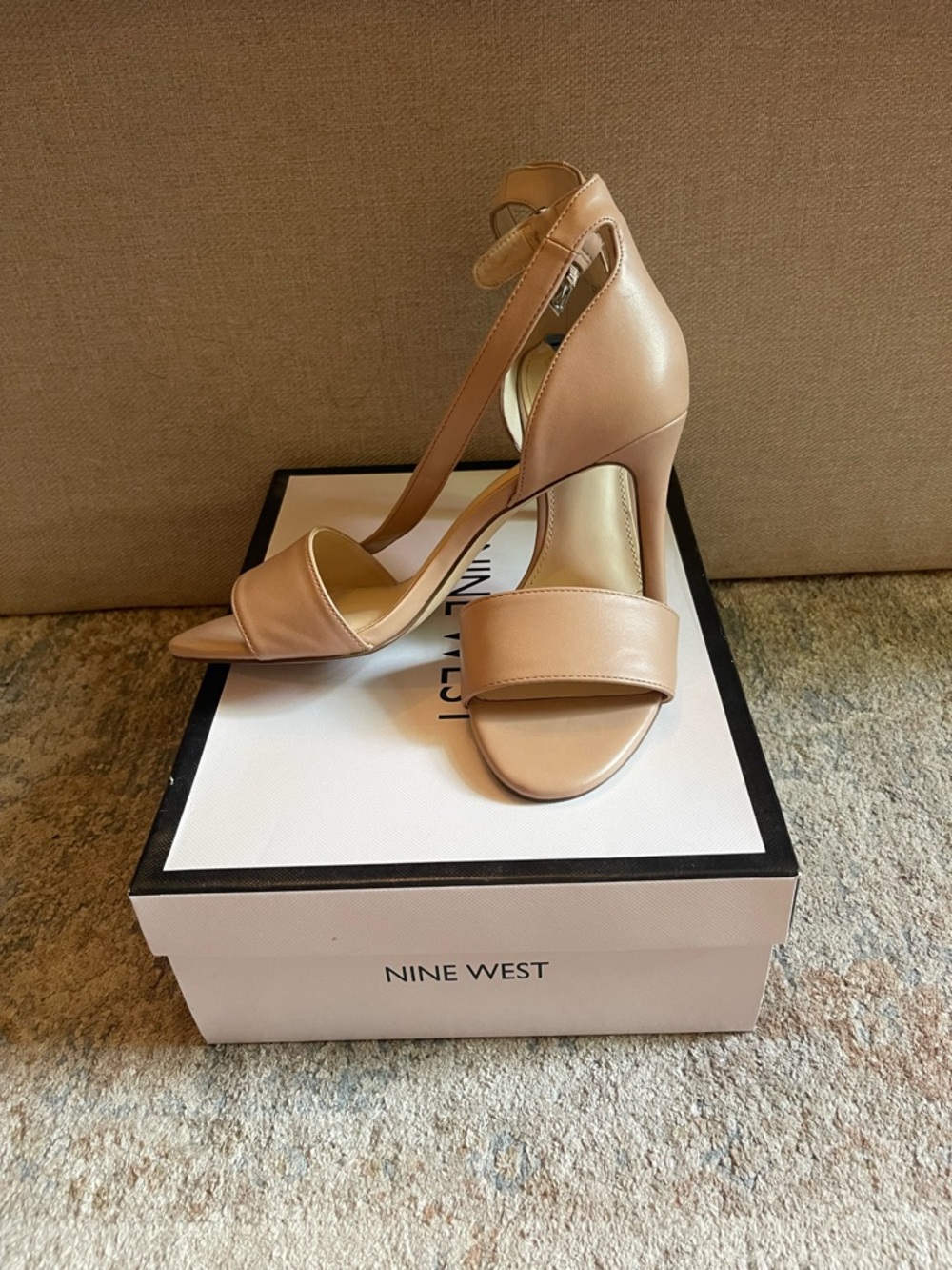 Nine West Nude Tan Ankle-Strap Block Heel Sandals
